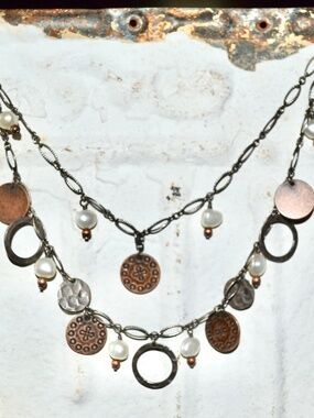 Silpada Sterling Fresh Water Pearl & Copper Coin Necklace Double Layer